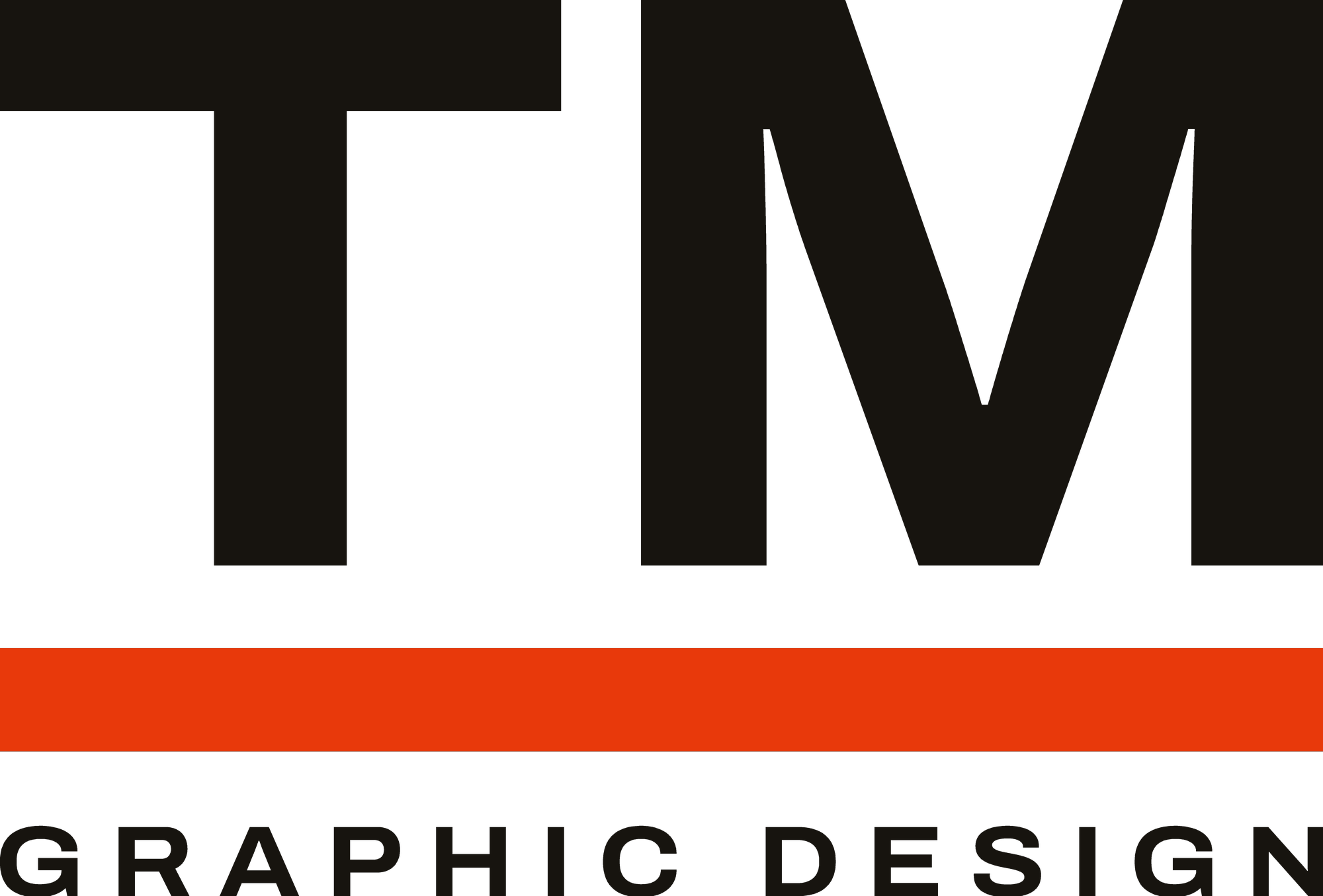The Tom Mackellar logo: a TM monogram in dark ink, a vermilion horizontal rule beneath it, and the words GRAPHIC DESIGN set below the rule.