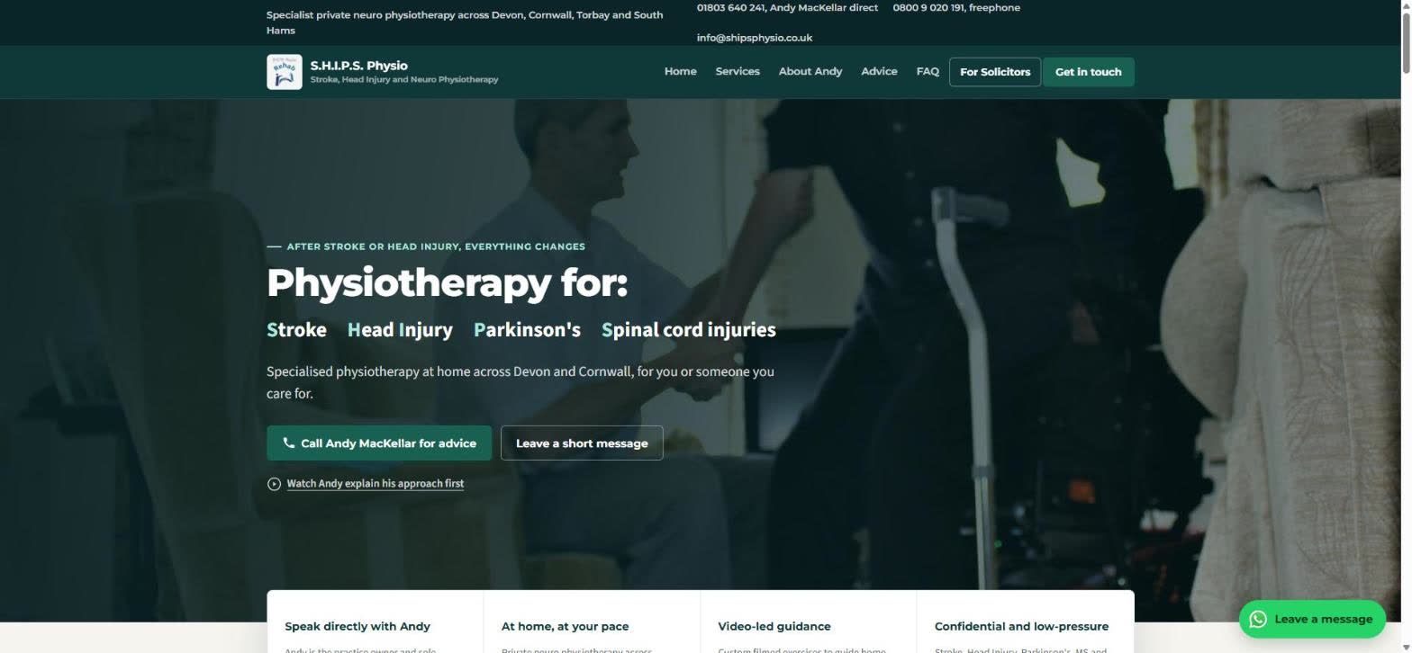 The S.H.I.P.S. Physio homepage: a photograph of a physiotherapist working with a patient, behind a deep green overlay carrying the practice name and the conditions it treats.