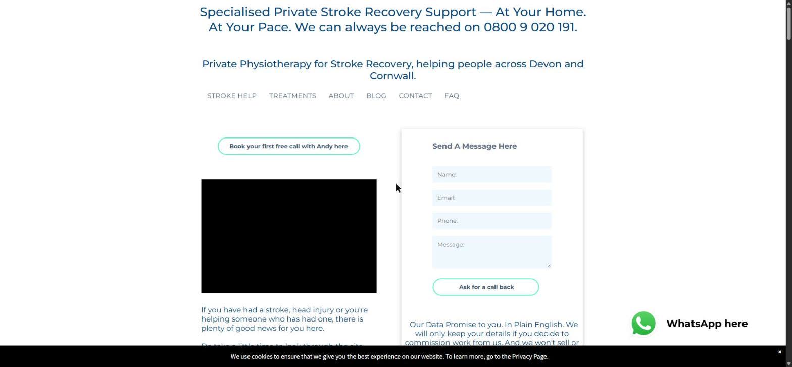 The old S.H.I.P.S. Physio homepage: centred blue headings on a plain white page, a text-only menu, an empty video box, and a five-field contact form taking up the right-hand half of the first screen.