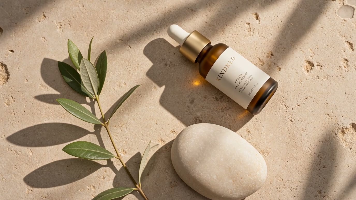 Generated frame: an overhead view of the bottle lying on sand-coloured stone beside an olive branch and a smooth pale pebble.