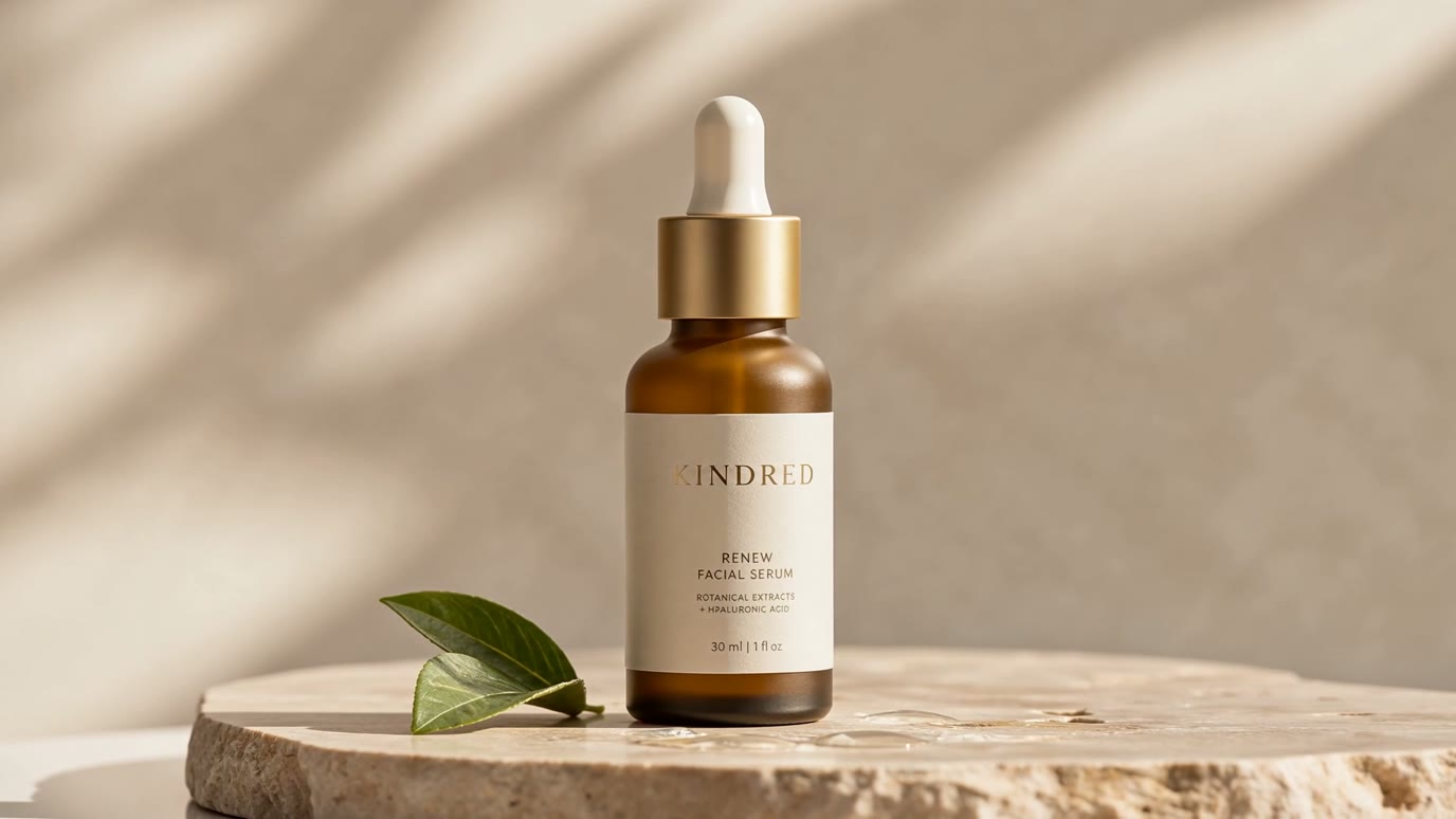 A frame from Kindred: an amber glass dropper bottle of facial serum standing on a travertine plinth in warm, dappled sunlight.