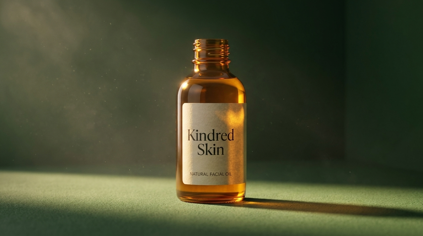 An amber glass bottle of Kindred Skin natural facial oil standing in a warm, golden-lit forest-green studio.