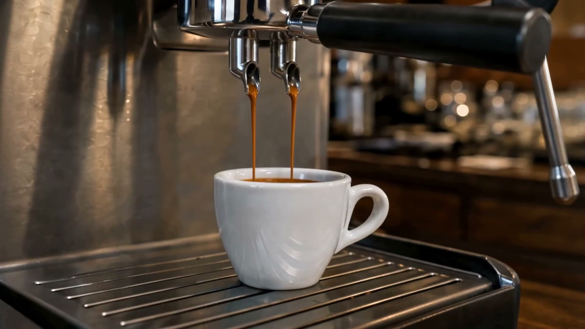 A frame from Rodgers: twin spouts running two ropes of espresso into a white cup on the drip tray, in a warm steel-and-walnut bar.