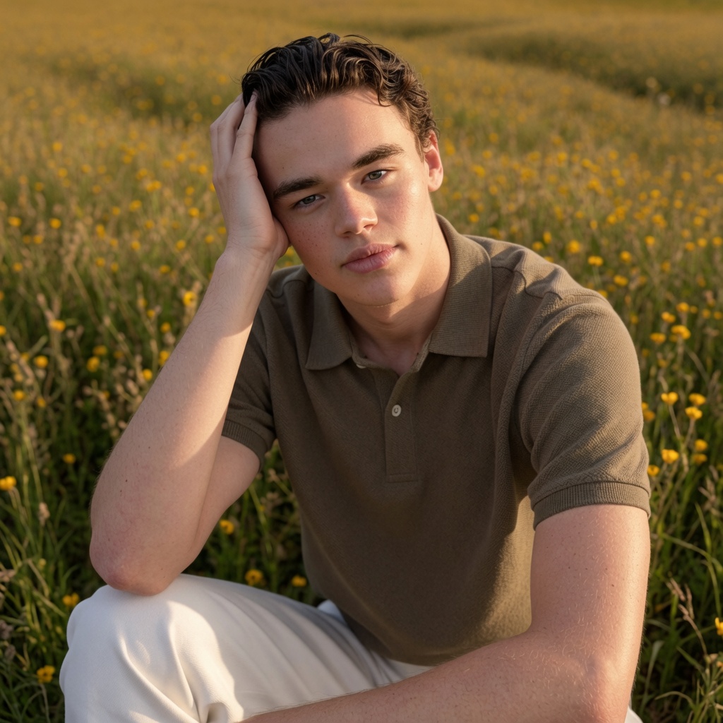 Tom Mackellar — a casual, unretouched outdoor photo, sitting in a field of yellow wildflowers at golden hour.