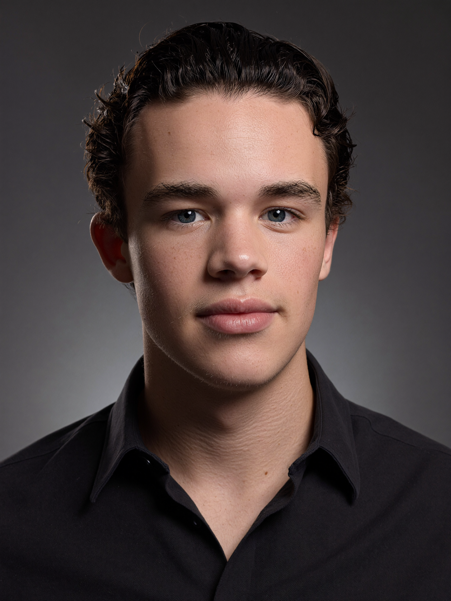 Tom Mackellar — a professional studio portrait, softly lit against a neutral grey background.