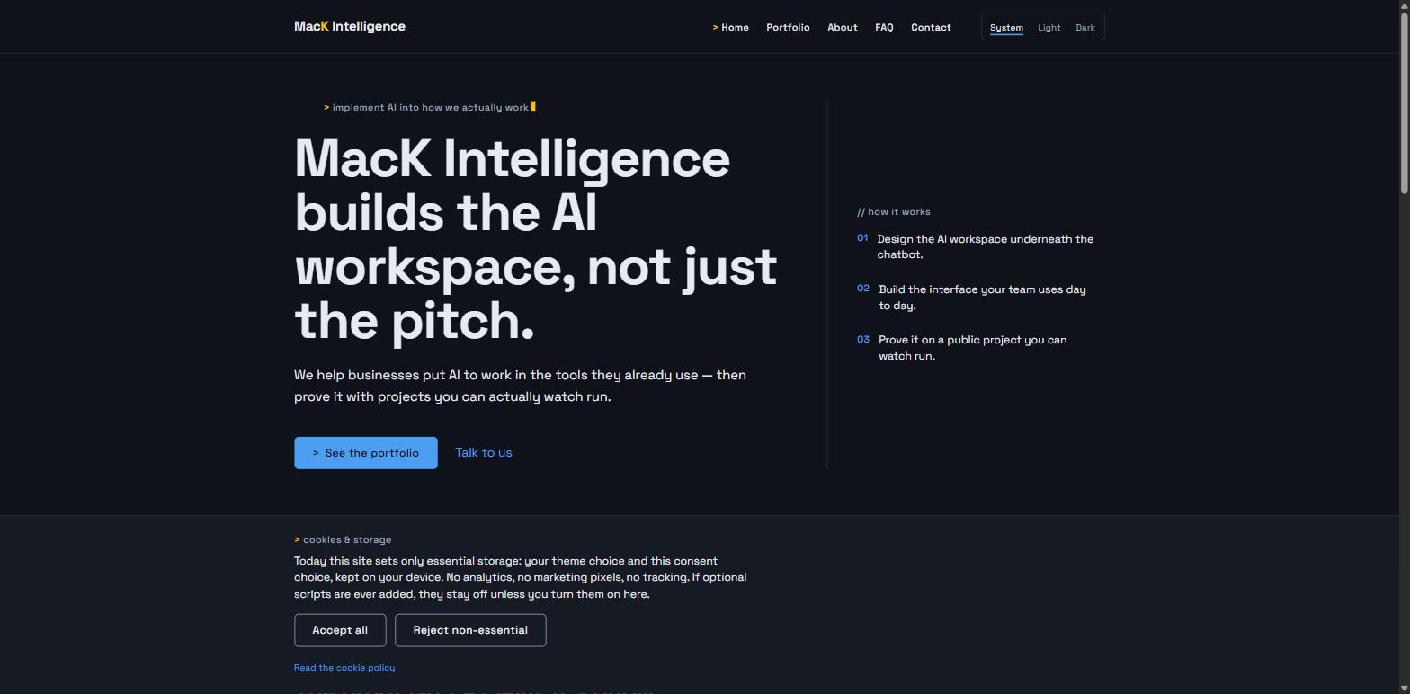 The Mack Intelligence homepage in dark mode: a monospaced terminal-style interface with the headline 'MacK Intelligence builds the AI workspace, not just the pitch' and a numbered how-it-works list.