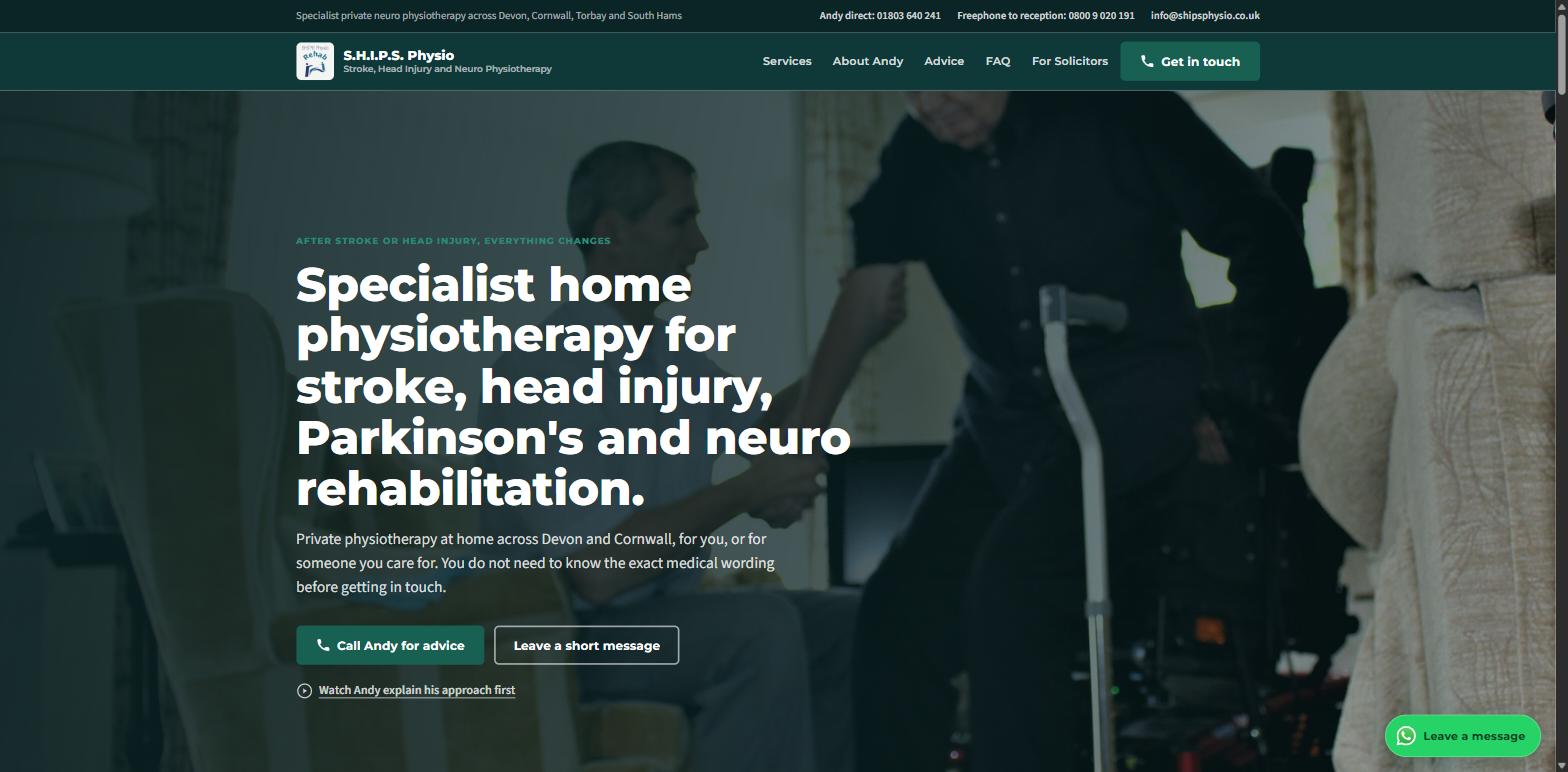 The S.H.I.P.S. Physio homepage: a deep green header over a photograph of a physiotherapist supporting an older patient using a walking frame, with the headline 'Specialist home physiotherapy for stroke, head injury, Parkinson's and neuro rehabilitation'.